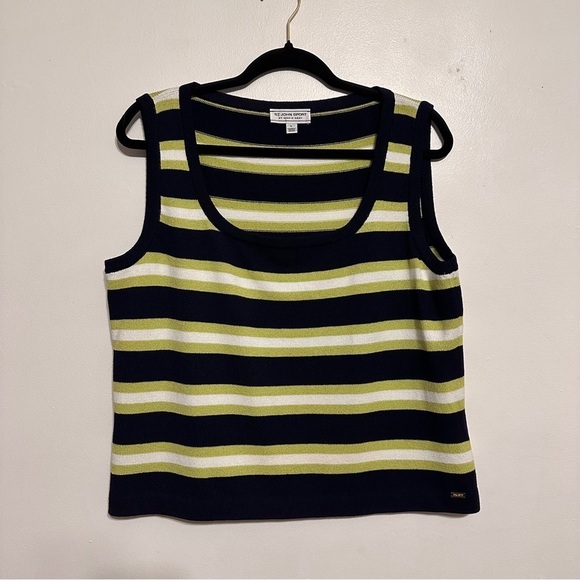 St John Santana Knit Striped Scoop Neck Tank Top Navy Green White Size Large - Picture 1 of 5